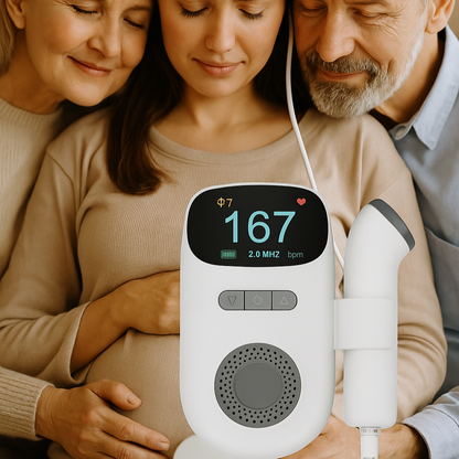 Pregnant couple using BabyHeart fetal doppler to hear baby heartbeat at home