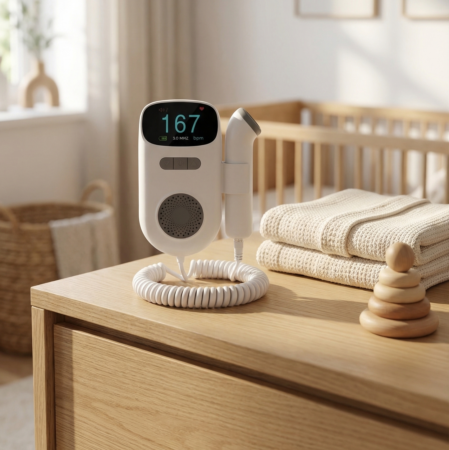 nooliva doppler on a dresser in a nursery with a crib and toys in the background.