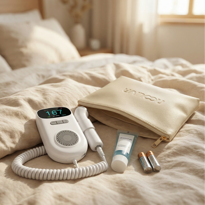nooliva doppler with a digital display on a beige bed with a beige pouch and toiletries.