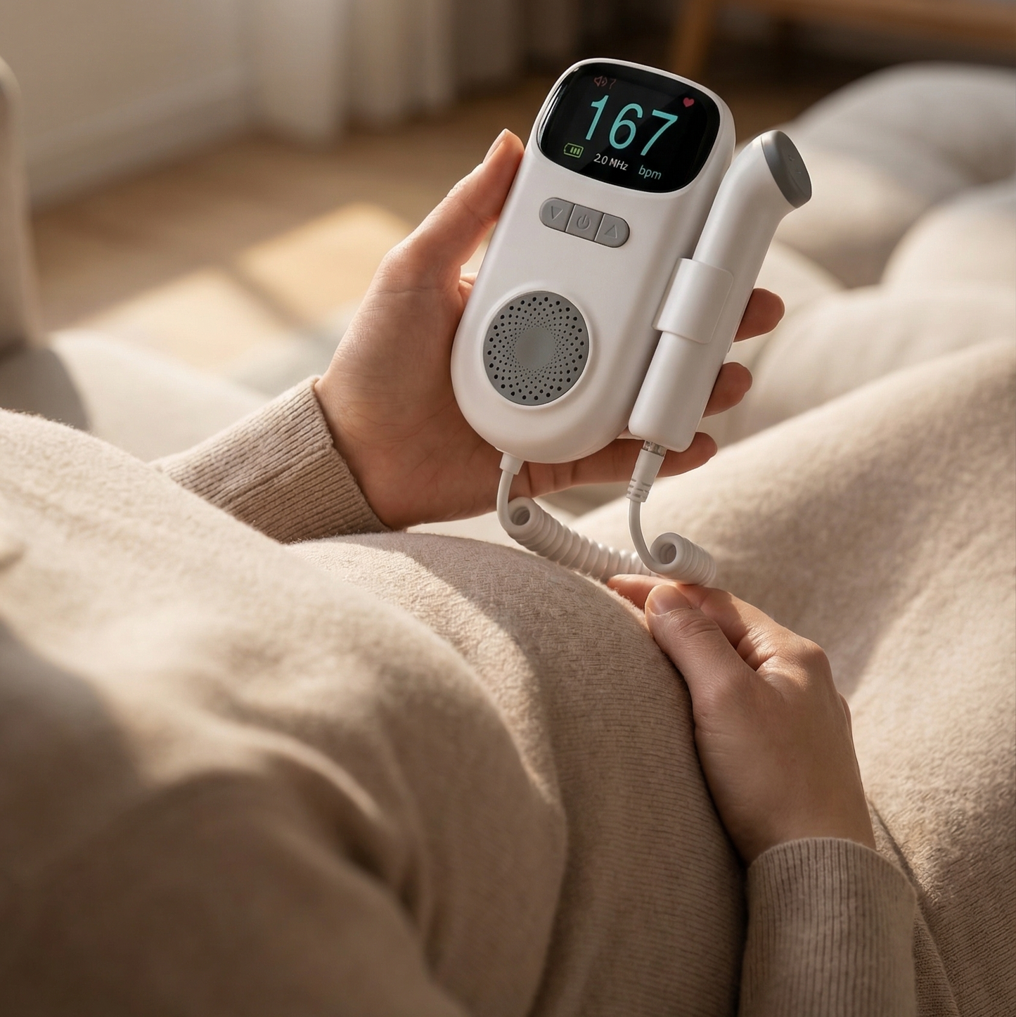 Person holding a nooliva doppler in a cozy room.