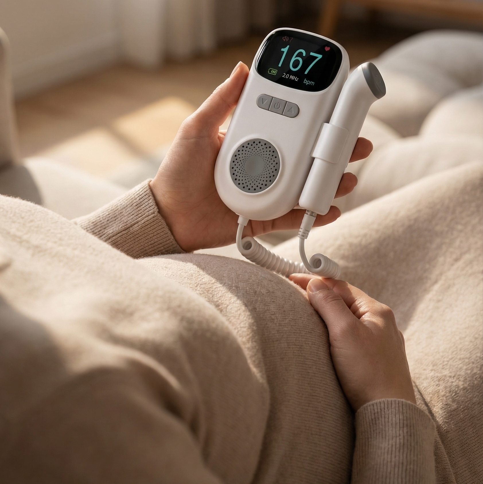 Person holding a nooliva doppler in a cozy room.